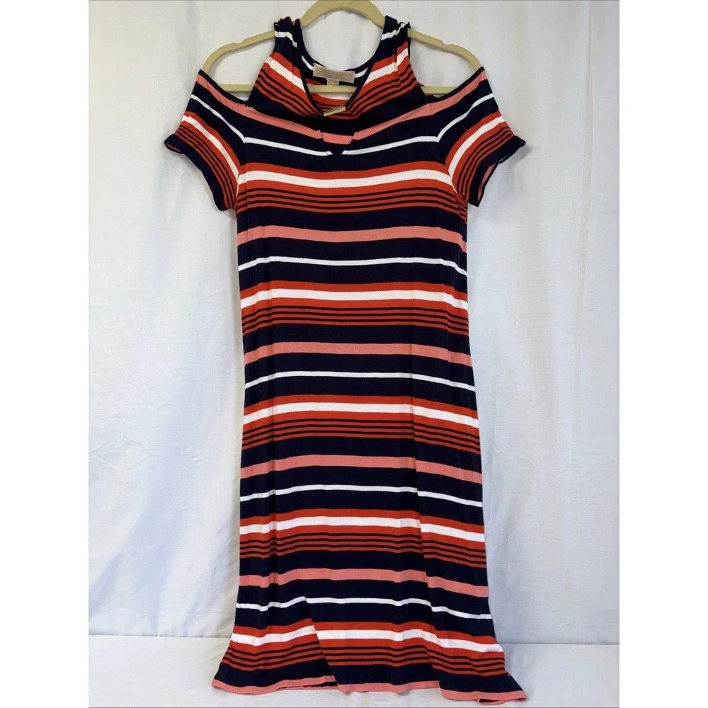Michael Kors Cold Shoulder Striped Dress Orange Blue White Womens Small
